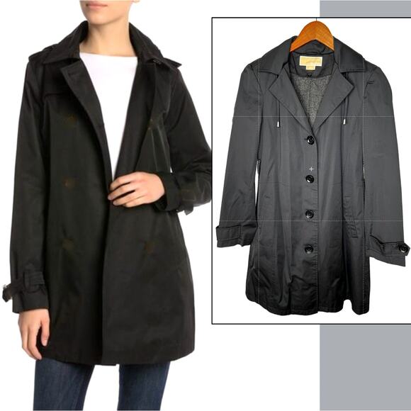 Michael Kors XS Hooded Trench Coat w Removable Wool Lining Rain Jacket Black - Picture 1 of 7